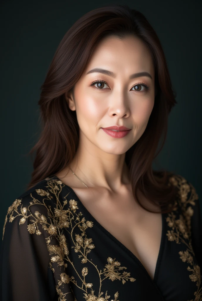 Mature Woman, ( Detailed description of the hair), (Detailed description of the face), (Detailed description of the body), high definition , masterpiece,  top quality ,  high detail, formal: 1.4), ( realistic : 1.2, 超 realistic な: 1.1,  realistic: 1.37), (Sharp focus: 1.4), medium hair, (Ultimate beauty), (lipstick:1.1), ( eyeliner :1.2), ( mascara), ( Eye Shadow ), (55 years old,: 1.4), Japanese、 closeup 、 fine lines of laughter :1.2、seductive smile,(Black x gold embroidered accent kimono)、( night sky or simple plain gradient background)、Happy Smile