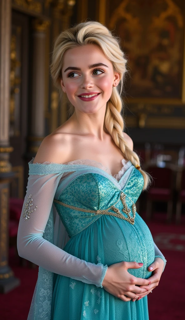 A stunning portrait of Kiernan Shipka as Elsa smiling , she is nine months pregnant, queen of arendelle, young and beautiful, hyper realistic, real portrait, backlit, exquisite features, cleavage, sexy, seductive, interior or an ornate castle ballroom with high ceilings