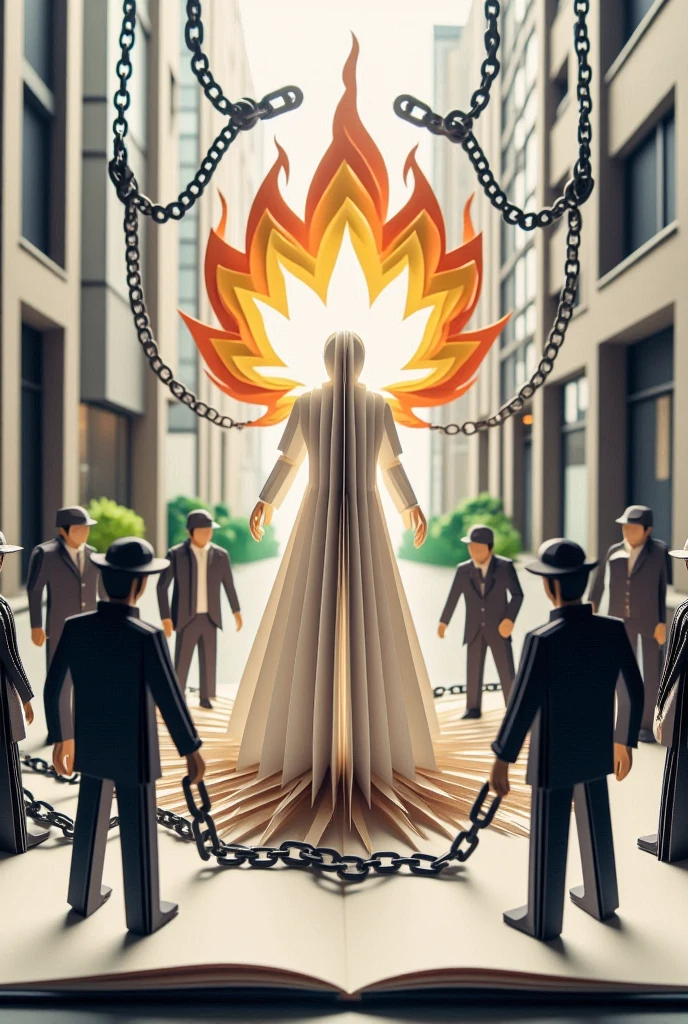 "Illustrate an origami-style image of chains breaking apart, with a bright figure symbolizing freedom standing tall against shadowy bureaucratic figures representing oppression."

