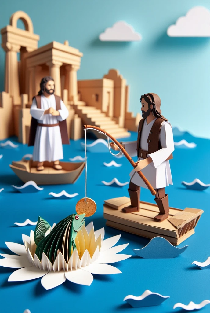 "Design an origami fisherman casting a line into the sea, pulling up a fish with a glowing coin in its mouth. In the background, Jesus and Peter watch calmly near ancient buildings."