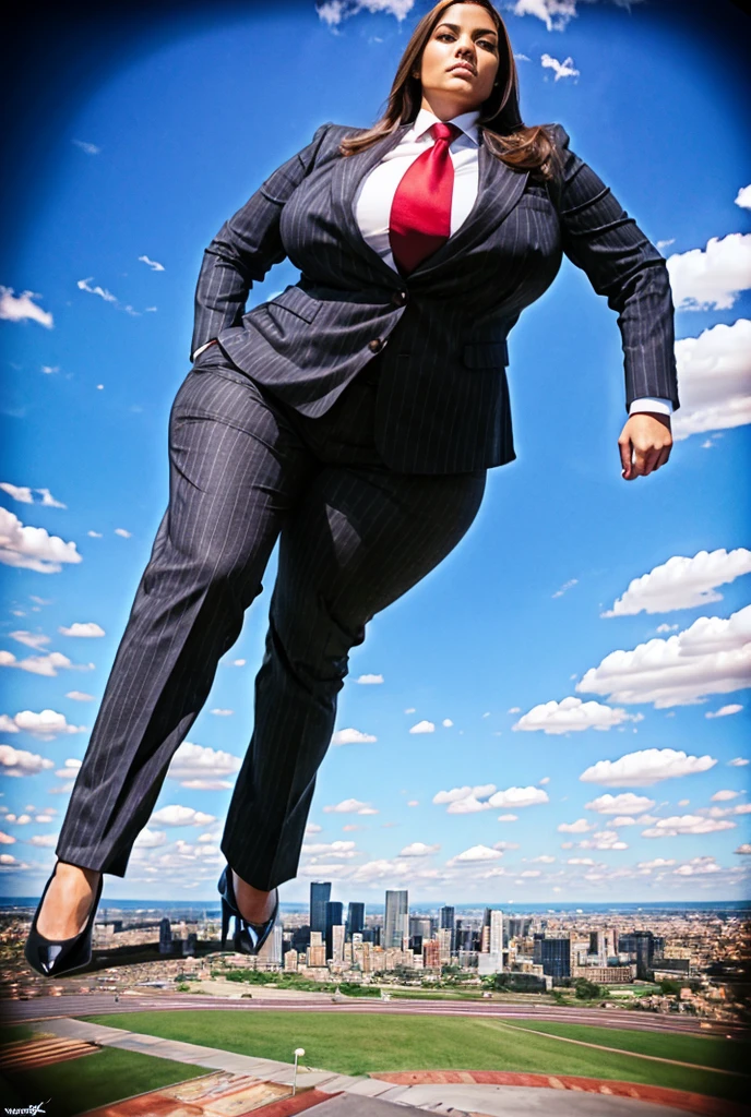 Looking up at the approaching young giantess from below, Giantess art, 100 miles tall giga giantess, sophisticated and stylish woman in a light grey italian pinstriped trouser suit, form fitting crisp white office shirt, and a large wide blue necktie in a windsor knot, with a beautiful, curvaceous figure, large natural breasts, and long wavey redhead hair, with a curvaceous figure and massive breasts. wearing blue rounded court high heels with uncovered feet and standing, rampage-like pose, with a city skyscrapers background of mega-city, skyscapers, partially obscured by a hazy, cloudy atmosphere. The image is a high-resolution, masterpiece-quality, cinematic, ultra-detailed, and hyper-photorealistic photograph, with perfect hands, face, and lighting. ultra-detailed, 8K, photo-realistic, hyper-realistic, masterpiece, intricate details, full body view. Looking at camera, The image is a high-resolution, masterpiece-quality, cinematic, ultra-detailed, and hyper-photorealistic photograph, with perfect hands, face, and lighting. ultra-detailed, 8K, photo-realistic, hyper-realistic, masterpiece, intricate details, viewed from below