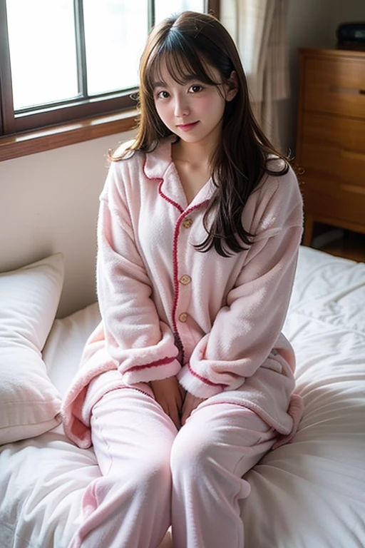 Pure and naive female middle school student、pajamas、 no makeup、 bed、Sunlight、morning