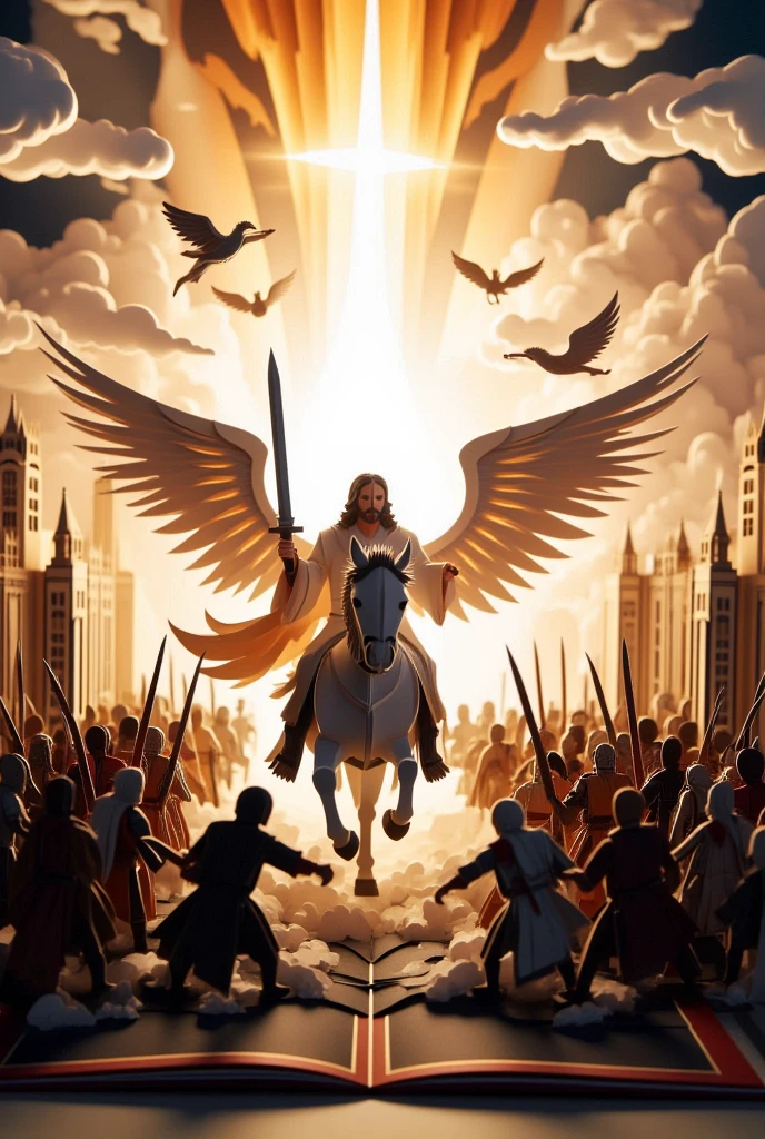 "Design an origami-style image of Christ on a white horse holding a sword of light, surrounded by angels. Dark shadowy armies fall before him as a bright kingdom rises in the background."