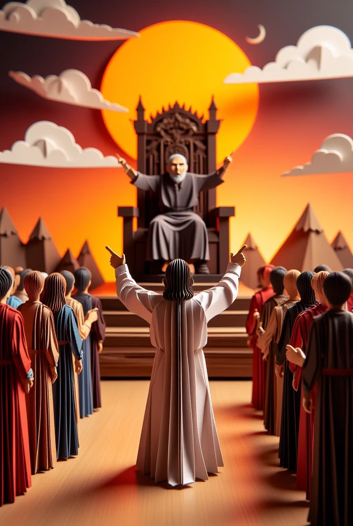 "Illustrate origami Israelites pointing to a giant throne with a shadowy figure seated on it. In the foreground, Samuel warns them with his arms raised under a setting sun."

