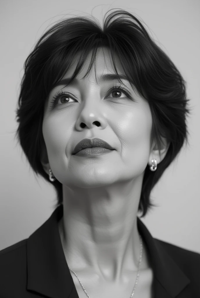 Mature Woman, ( Detailed description of the hair), (Detailed description of the face), (Detailed description of the body), high definition , masterpiece,  top quality ,  high detail, formal: 1.4), ( realistic : 1.2, 超 realistic な: 1.1,  realistic: 1.37), (Sharp focus: 1.4),  is written by,  looking up with moist eyes, (extra short hair:1.2), ,  unrivaled beauty , (Ultimate beauty), (lipstick:1.1), ( eyeliner :1.2), ( mascara), ( Eye Shadow ), (48 years old,: 1.4), Japanese、 closeup 、 fine lines of laughter :1.2、seductive smile,,(black and white photography:1.5)、