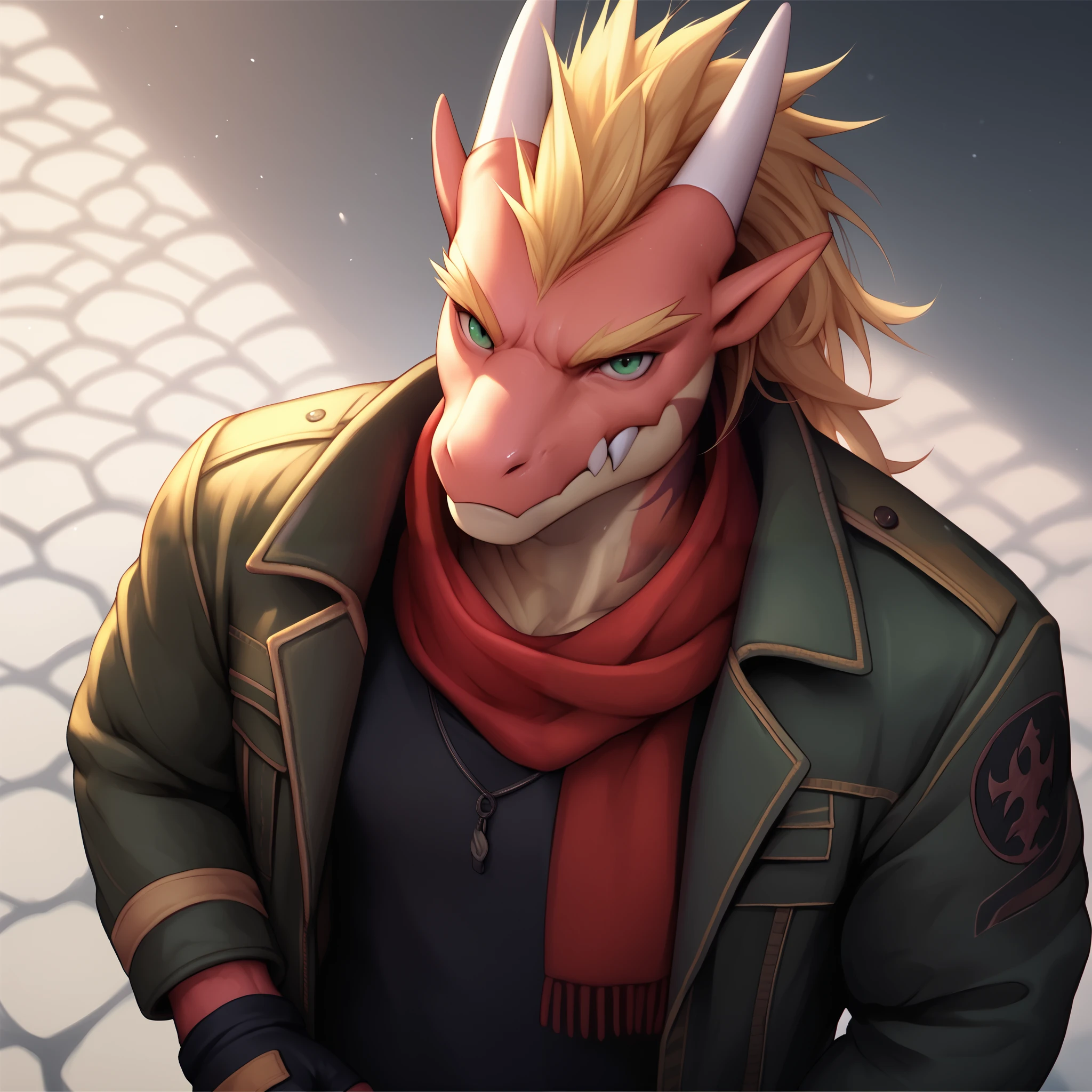  score_9,  score_8_above,  score_7_above,  detailed background, photorealistic delga , 1 , Alone, blonde hair,  green eyes, tattoo,anthropo, black Christmas jacket,red scarf, fingerless gloves, muscular, muscular antrum,  session, only