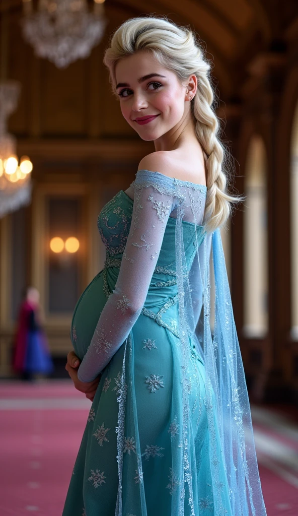 A stunning portrait of Kiernan Shipka as Elsa smiling , she is nine months pregnant, queen of arendelle, young and beautiful, hyper realistic, real portrait, backlit, exquisite features, cleavage, sexy, seductive, interior or an ornate castle ballroom with high ceilings, show skin