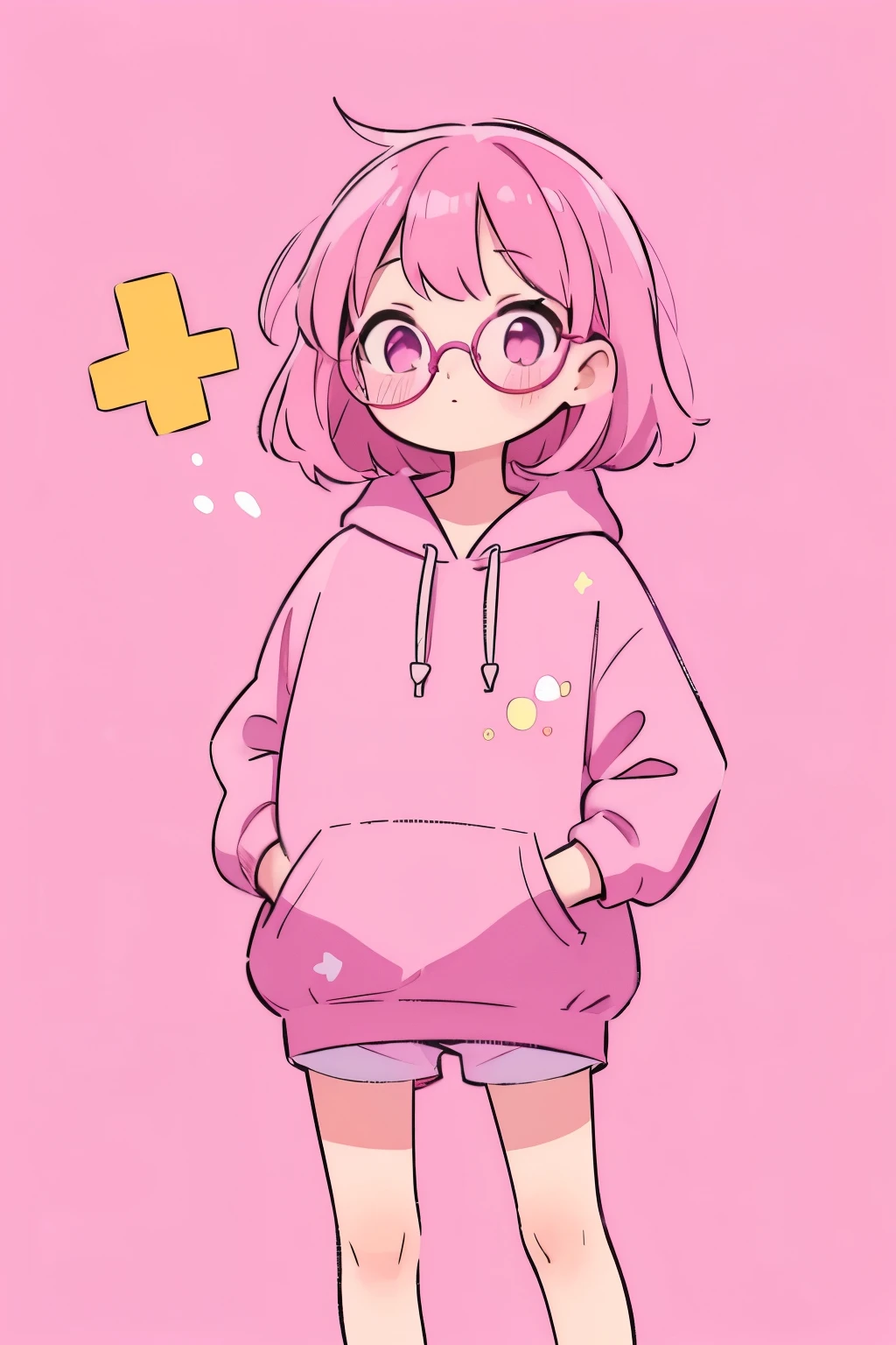 (masterpiece:1.2,   top quality ),   very young girl with short pink hair and dark pink eyes，  pink print panties for   ，( large pink hoodie and square glasses   :1.1), Light urine stains，   ，