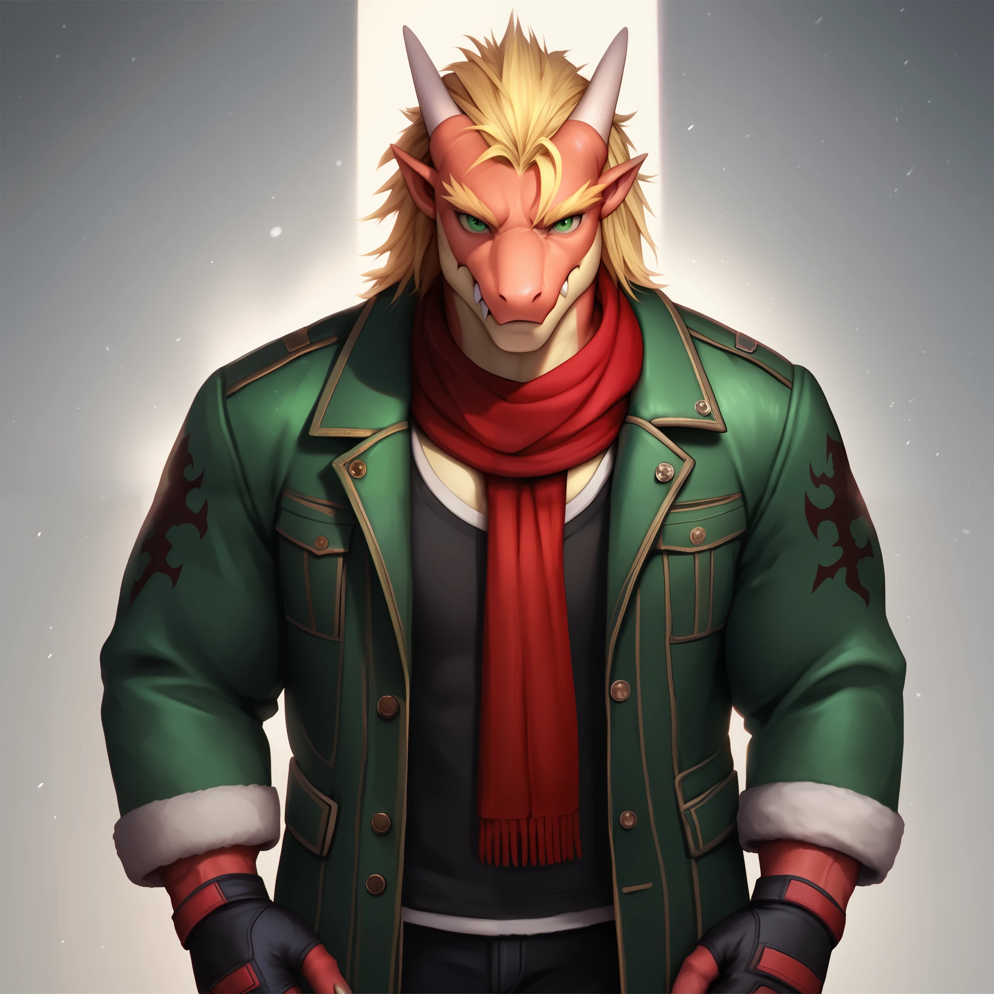  score_9,  score_8_above,  score_7_above, detailed fanart background, photorealistic delga , 1 , Alone, blonde hair,  green eyes, tattoo,anthropo, black Christmas jacket,red scarf, fingerless gloves, muscular, muscular antrum,  session, only