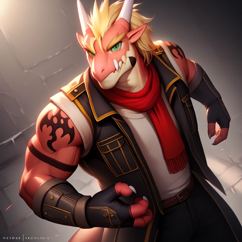  score_9,  score_8_above,  score_7_above, detailed fanart background, photorealistic delga , 1 , Alone, blonde hair,  green eyes, tattoo,anthropo, black Christmas jacket,red scarf, fingerless gloves, muscular, muscular antrum,  session, only