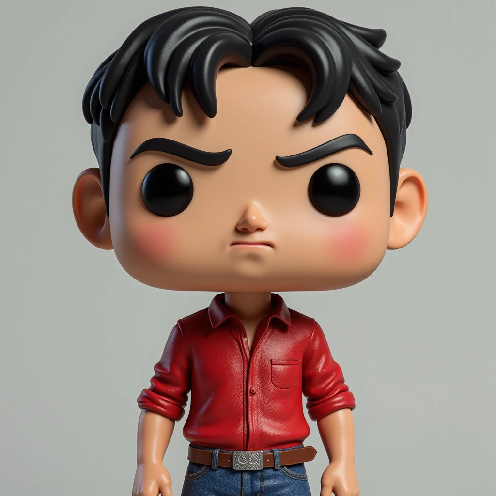 high quality, 8K Ultra HD, close up,  funko pop style man with cold (short black hair, red shirt and blue jeans). Hyperrealistic,