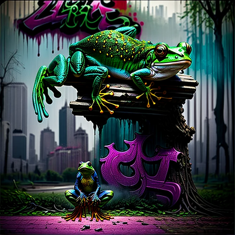 A neon multicolored frog. He sits on a treebranch in a city park in front of a wall. The wall has graffiti on it. The graffiti says( (FROG) ) that is spray painted in super fancy graffiti on this wall is the word "FROG". The frog has one hand pressed to his chest like he's showing you his gang sign, with his name tagged behind him. Photorealistic, cinematic,realism, hyperreality, macro photography, cinematic portrait, realistic, photo- realistic, realisticism, UHDR, ultra detailed images, award winning, masterpiece.