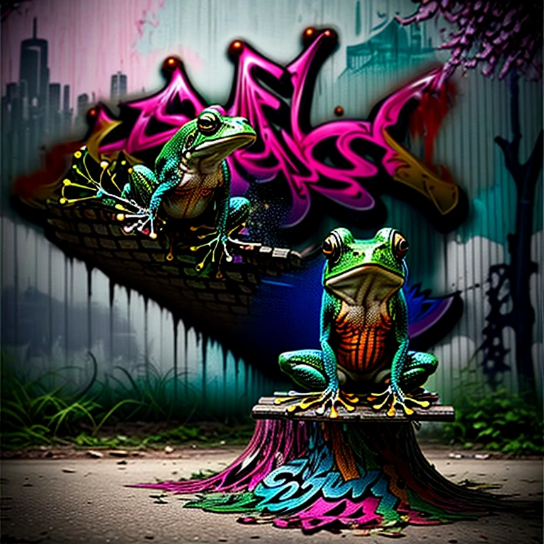 A neon multicolored frog. He sits on a treebranch in a city park in front of a wall. The wall has graffiti on it. The graffiti says( (FROG) ) that is spray painted in super fancy graffiti on this wall is the word "FROG". The frog has one hand pressed to his chest like he's showing you his gang sign, with his name tagged behind him. Photorealistic, cinematic,realism, hyperreality, macro photography, cinematic portrait, realistic, photo- realistic, realisticism, UHDR, ultra detailed images, award winning, masterpiece.