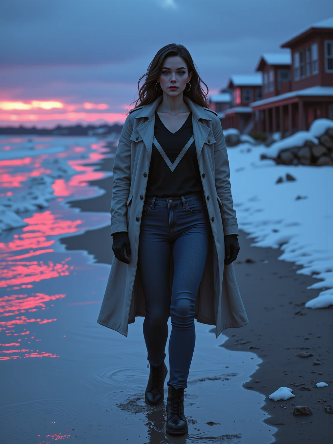 ((masterpiece)), (best quality), (hyper-detailed). spectacular anime style. A very beautiful woman walks along a beach in winter. It is a very cold night and she is wearing custom jeans, a button down shirt with a triangle neckline and a long trench coat. Her hair is long and loose. Her face is very sweet and she wears a soft make-up, in her ears she wears big hoop earrings. 