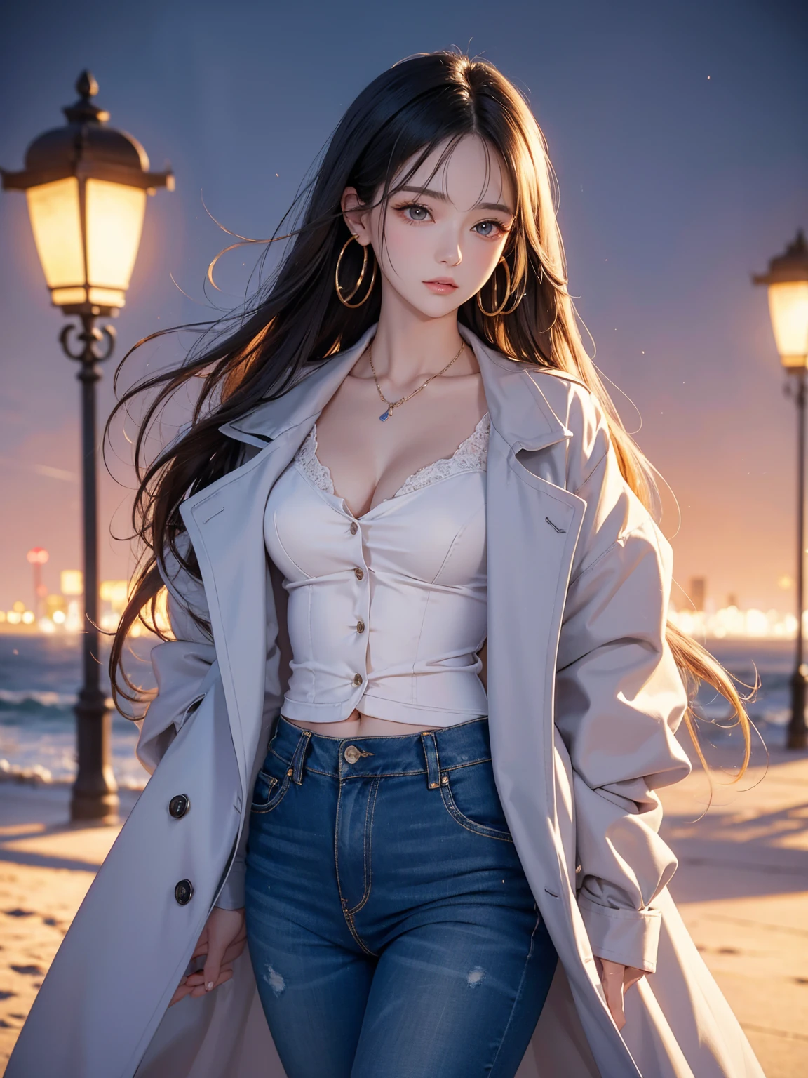 ((masterpiece)), (best quality), (hyper-detailed). spectacular anime style. A very beautiful woman walks along a beach in winter. It is a very cold night and she is wearing custom jeans, a button down shirt with a triangle neckline and a long trench coat. Her hair is long and loose. Her face is very sweet and she wears a soft make-up, in her ears she wears big hoop earrings. 