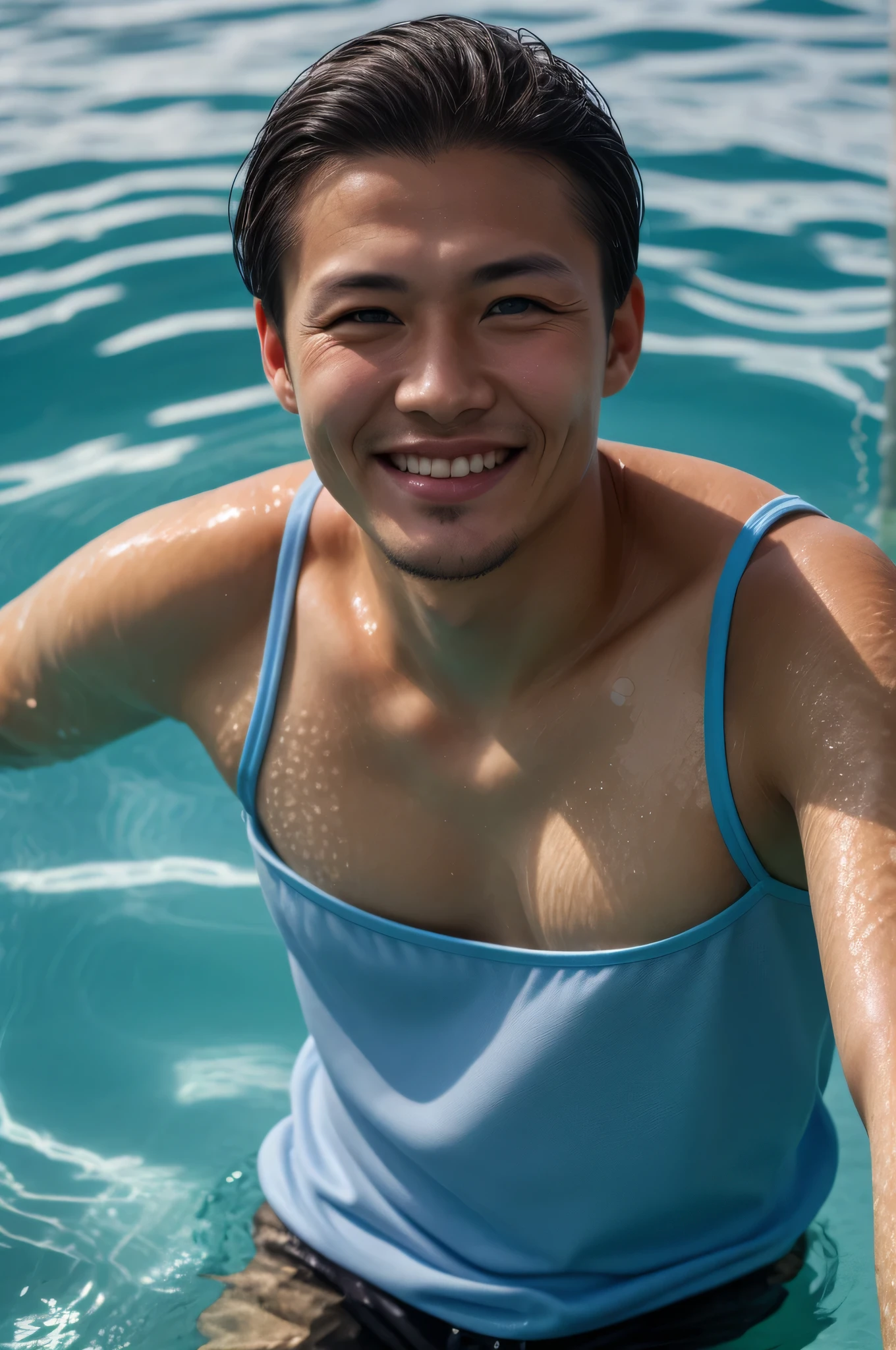 male Age 27 swimwear topless smile