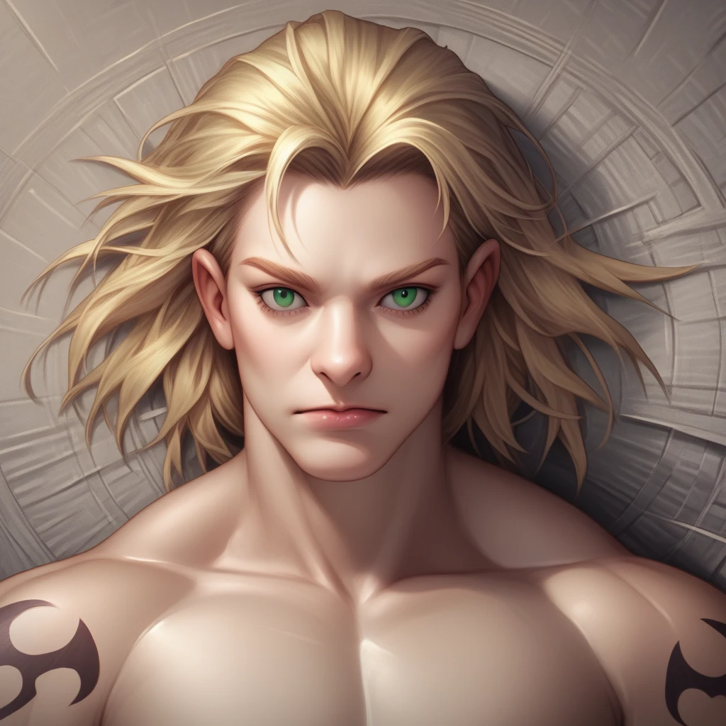  score_9,  score_8_above,  score_7_above,  detailed background, photorealistic delga , 1 , Alone, blonde hair,  green eyes, tattoo, NAKED, muscular, muscular antrum,  session, only