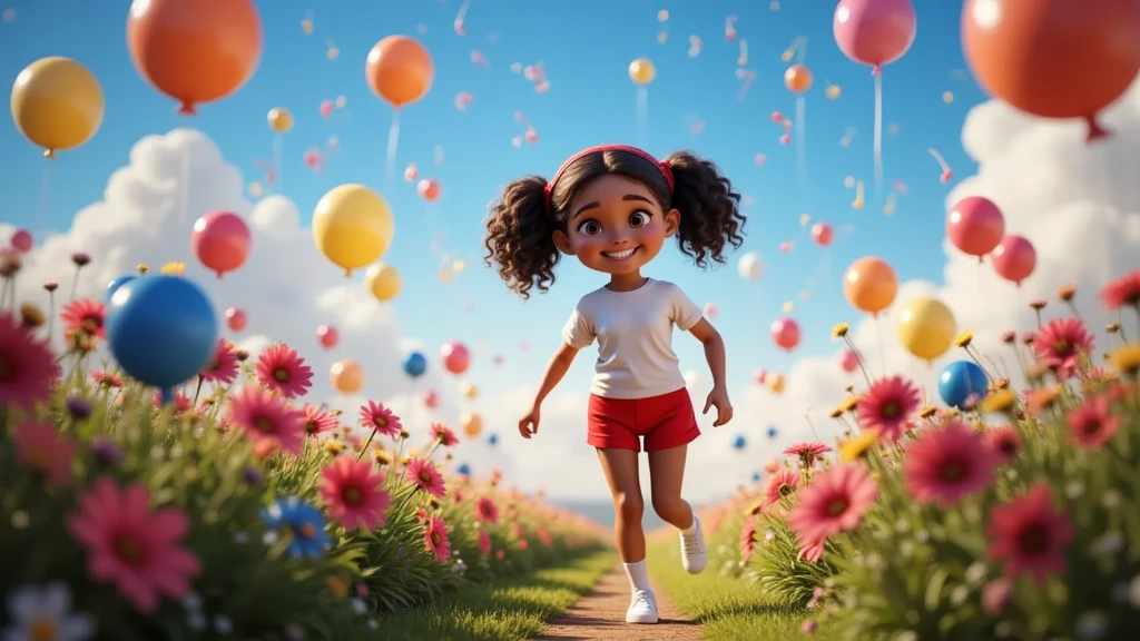 Style: Inspired by Disney-Pixar style films, characters and promoti onal paintings.

Characteristics of the girl: A  girl, light skin, mixed race, daughter of a black father and white mother, curly hair, almost  afro tied in two ponytails with red ribbons. She wears a simple white T-shirt, short red shorts, white socks and white sneakers. She is charming, captivating and her smile enchants everyone. Her expression should be serene and peaceful, as if she were dreaming of something wonderful.

Image: A  girl, wearing a red dress and a headband, appears running in a flowery field, with colorful balloons floating gently around her. The sky is blue with touches of pink, like a magical sunrise.
Visual Effect: Balloons transform into bright musical notes as Alice smiles at the camera.
Action: Alice opens a golden chest in the middle of the field and a magical light comes out, illuminating her face.
Visual Narration: The words “A Jesus que enfim nasceu” appear in the air in delicate calligraphy.

Visual Details: Each element of the scene should contain attention to detail, with vibrant colors, realistic textures and lighting effects that create a magical atmosphere. The environment should overflow with charm and beauty, with an emphasis on the playful nature of the scene.