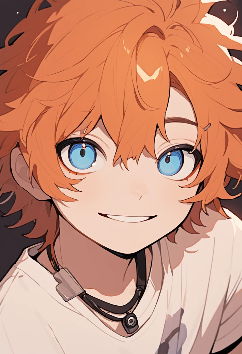 (portrait) , (close UP man face) , young teen boy with lifht skin , with blue eyes , and orange dark short hair , messy hair ,cool look with a Big smile , look at the camera , beautiful eyes , wearing neckle with a white t-shirt, Twitch emote