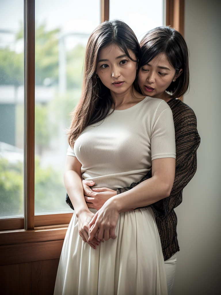 (2 woman:1.6),(40 years old japanese woman and 20 years old japanese woman),(40 years old Japanese woman is a mature woman),[40 years old woman:(afraid face:1.3),(embarrassed, blush ), (ecstasy),(realistic skin) ,(wearing White knit t -shirt),(wearing black long skirt),(brown low ponytail, realistic hair)], [20 years old woman:(Smile face),(wearing black blouse),(wearing long-skirt)], (40 years old woman is grabbing 20 years old woman's breasts from behind :1.8),(20-year-old woman has her breasts grabbed by a 40-year-old woman:1.8),(40 year old woman is standing),(40 years old woman is screaming with open mouth : 1.6),[40 years old woman is closing eyes: (narrowed eyes:1.4):1.2], In a White wall room with window,(view from front,upper body),(8k,High quality, Ultra detailed, best quality, insanely detailed, beautiful, masterpiece, soft brightness, soft saturation )
