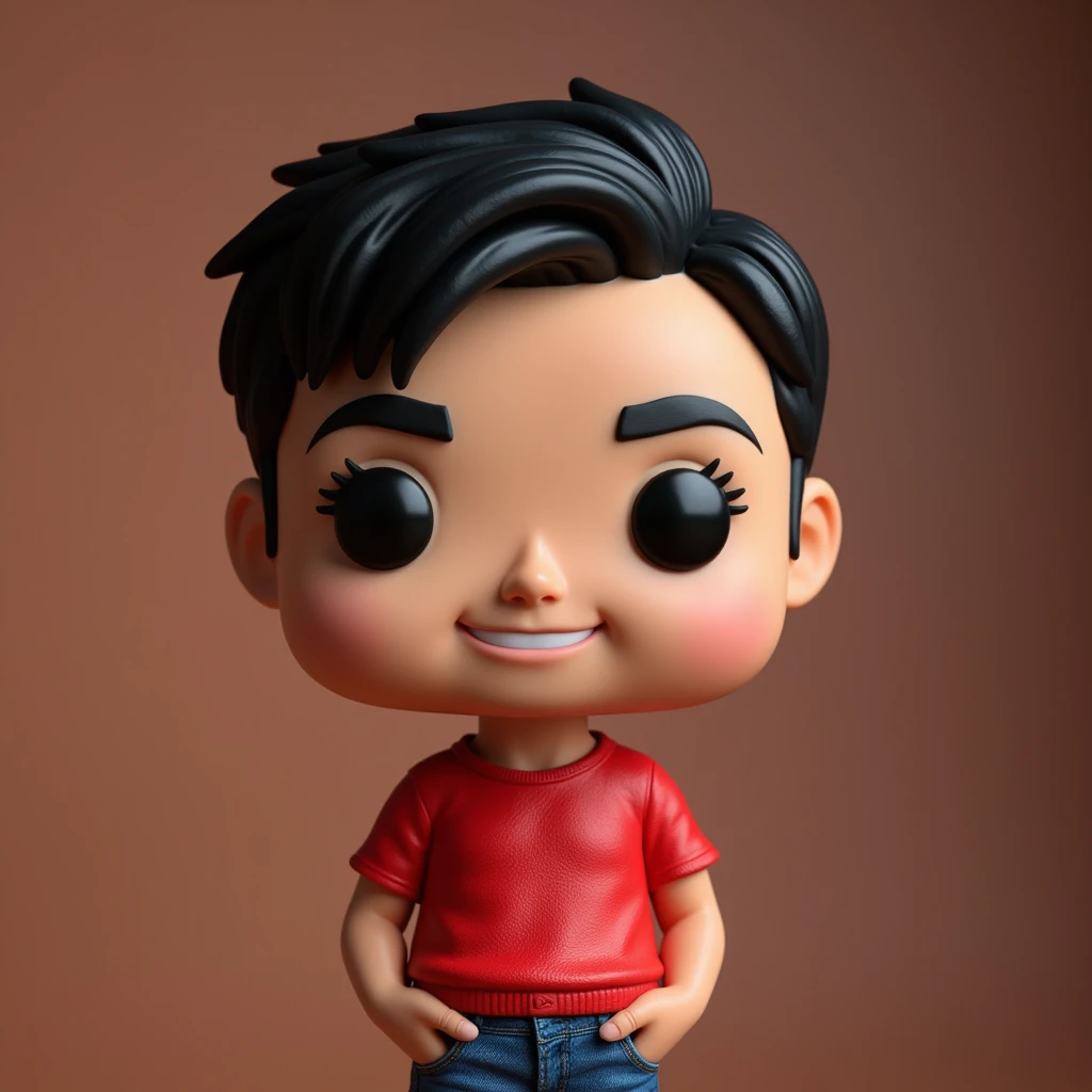 high quality, 8K Ultra HD, close up,  funko pop style man smiling (short black hair, red shirt and blue jeans). Hyperrealistic,