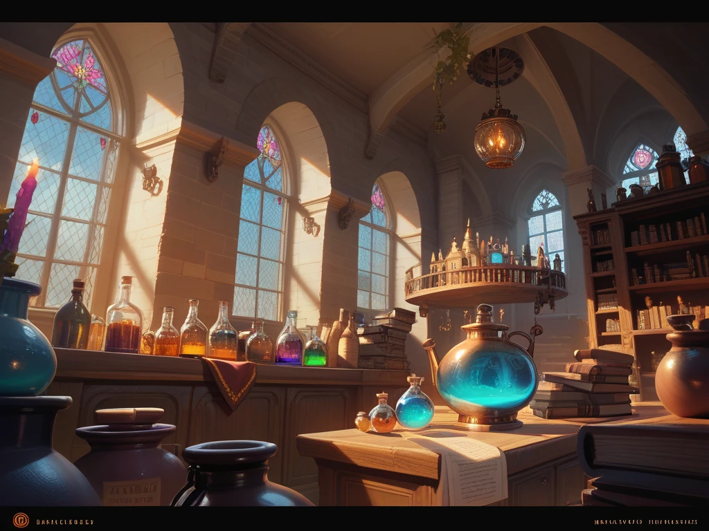 Location: the room of an ancient castle. Harry Potter is standing by the cauldron and brewing a potion. Beautiful colorful bottles are flying in the air