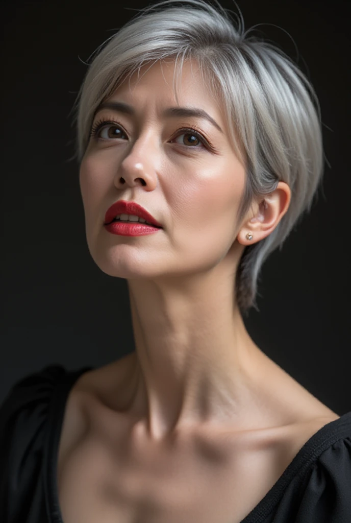 Mature Woman, ( Detailed description of the hair), (Detailed description of the face), (Detailed description of the body), high definition , masterpiece,  top quality ,  high detail, formal: 1.4), ( realistic : 1.2, 超 realistic な: 1.1,  realistic: 1.37), (Sharp focus: 1.4),  is written by,  looking up with moist eyes, ( pixie cut:1.2), ,  unrivaled beauty , (Ultimate beauty), (lipstick:1.1), ( eyeliner :1.2), ( mascara), ( Eye Shadow ), (48 years old,: 1.4), Japanese、 closeup 、 fine lines of laughter :1.2、seductive smile,,(black and white photography:1.5)、