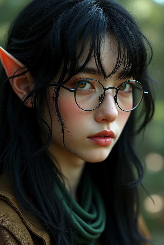 Portrait of a girl with elf ears. Her hair is blue and so are her eyes., she wears big round glasses, she is wearing a red robe, curly hair anime mo artstyle