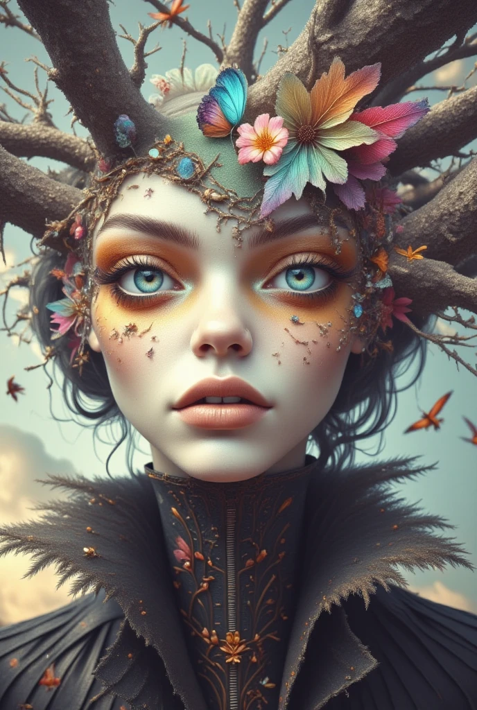 This is a striking surreal artistic portrait with a distinctive fantasy aesthetic. The image features a face with ethereal, otherworldly features, most notably heterochromatic eyes - one blue and one green - surrounded by vibrant, colorful eyeshadow that appears to blend into tree branches extending upward. The eye makeup features splashes of orange, pink, and other vivid colors that create a watercolor-like effect.

The skin is portrayed with an almost porcelain-like pallor, and the lips are painted in a soft, peachy nude color. The face emerges from what appears to be a high black collar or neck piece decorated with delicate, colorful flowers and botanical elements.

The background shows a dreamy sky with clouds, and there are small birds or leaves flying in the distance. The entire composition is framed by bare tree branches that seem to grow from or merge with the figure's head, creating an organic connection between the subject and 