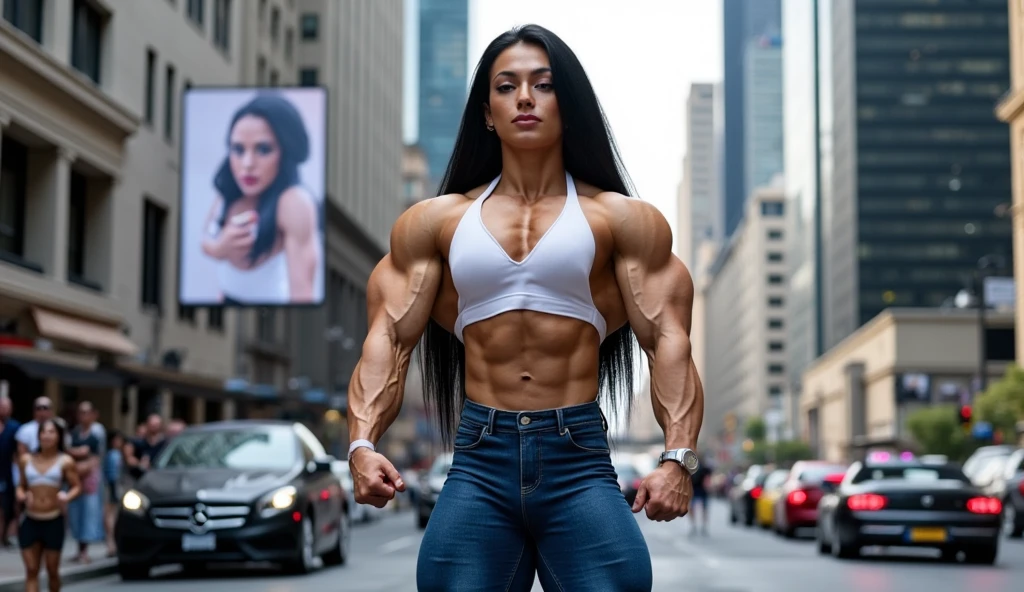 A 1.95-meter-tall Latina woman, incredibly tall and extremely muscular, stands dominantly in a busy, upscale city street. She wears a tight, short white crop top that reveals her 10-pack of perfectly chiseled abs and highlights her gigantic pecs. Her form-fitting blue denim jeans cling to her hyperdeveloped legs and glutes, showcasing every fiber of her muscularity. Her long, sleek black hair flows to her waist, and her bronzed skin shines under the sunlight, casting deep shadows across her vascular, defined muscles. Her serene, confident expression exudes superiority, as the people around her appear small and insignificant in comparison. The street is surrounded by glass skyscrapers, luxury cars, and an elegant café in the background, with a billboard that pales next to her monstrously perfect physique.