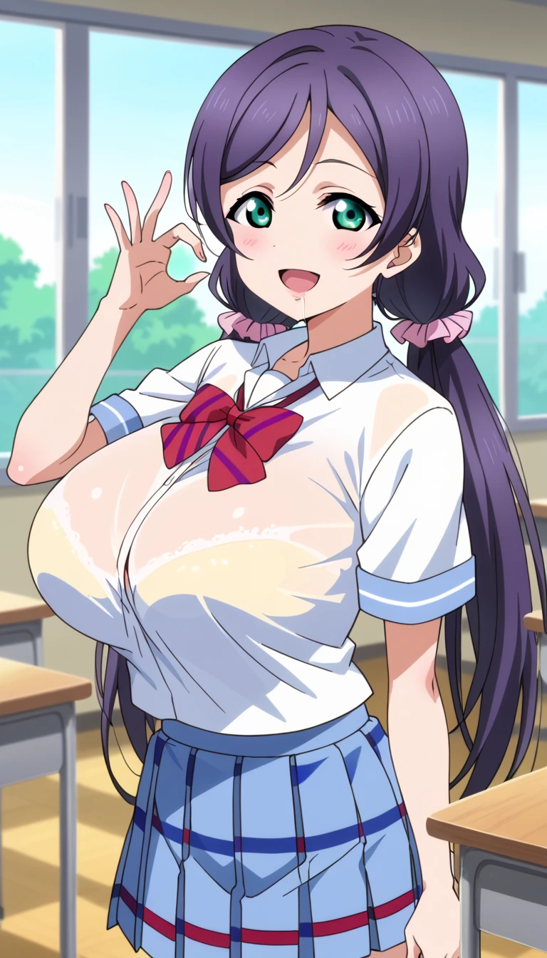  score_9,  score_8_up,  score_7_up,  source_Anime,  (Anime coloring, Anime screencap:1.2),   Flat Color  , Goddess Magazine,  Glossy Skin, Love Live!,Kitojo ,  green eyes, Purple Hair,  Twin Tails , low  Twin Tails , scrunchie,  long hair,otonokizaka  school uniform, pleated  skirt,  school uniform, Short sleeve,  skirt,  summer uniform , (Big Breasts, saggy breasts during pregnancy), open chest , smile,Lick gesture , At the pub, drool,  I'm excited,classroom