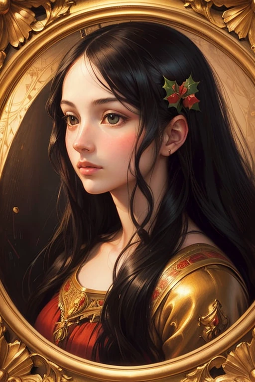 detailed portrait of Venus, Botticelli style tempera painting, long black hair, Christmas themed, photorealistic, intricate details, dramatic chiaroscuro lighting, warm color palette, highly detailed facial features, elegant pose, ornate baroque frame