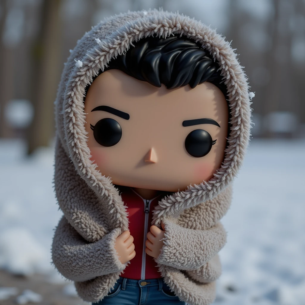 high quality, 8K Ultra HD, close up,  3d funko pop style man with cold wrapped in a blanket (short black hair, red shirt and blue jeans).