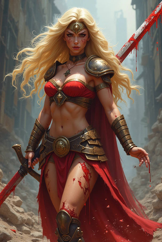 The tall and beautiful god of war dressed in golden armor and red robe was stabbed in the abdomen by the enemy's spear,She braced herself on the ground with her hands,There was blood hanging from the corners of his mouth,and a pained expression on its face