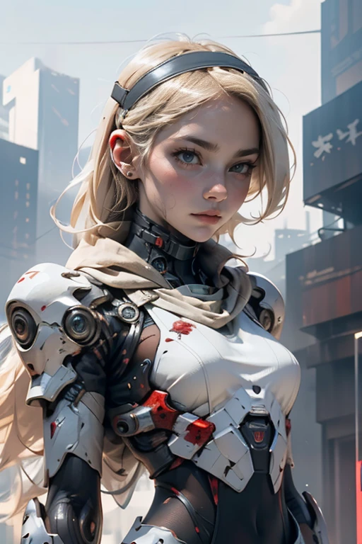 Blonde girl ((detallada)),  scared , white eyes, Has a headband,  futuristic armor ,  dystopic future , Cyber punk wings ,  blood on her face, lost look ,  dark cyberpunk background ,  lighting light dark, mysterious,  background creatures 