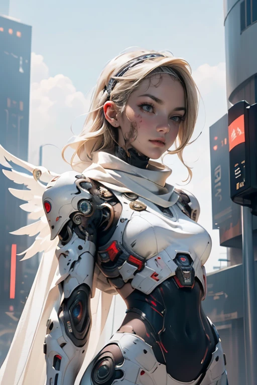 Blonde girl ((detallada)),  scared , white eyes, Has a headband,  futuristic armor ,  dystopic future , Cyber punk wings ,  blood on her face, lost look ,  dark cyberpunk background ,  lighting light dark, mysterious,  background creatures 