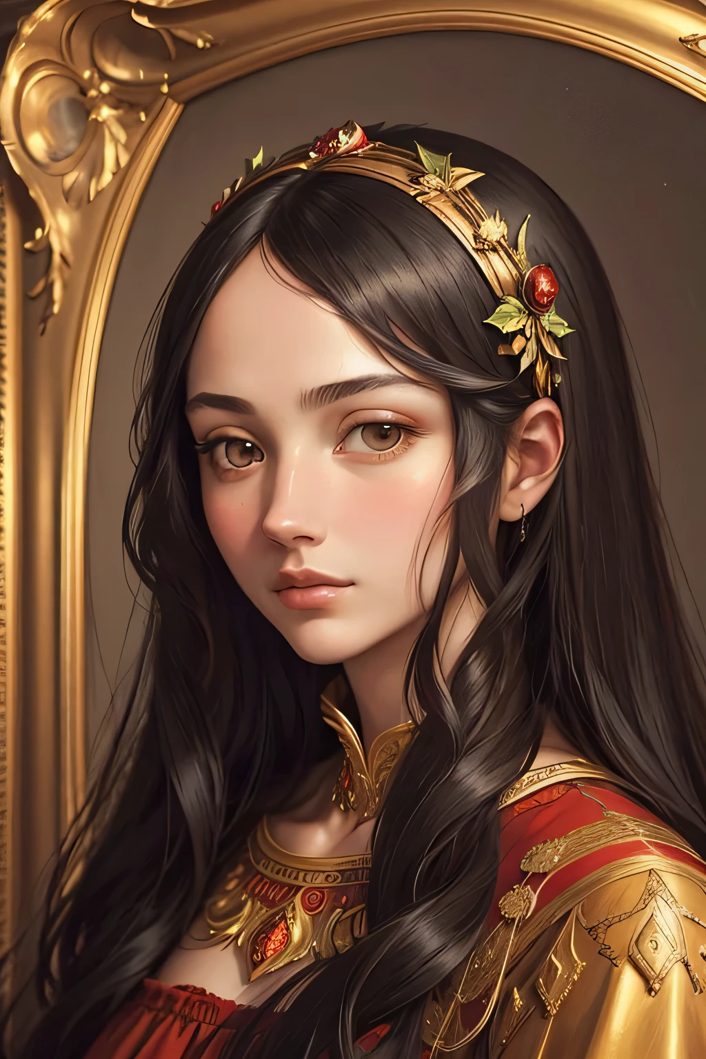 detailed portrait of Venus, Botticelli style tempera painting, long black hair, Christmas themed, photorealistic, intricate details, dramatic chiaroscuro lighting, warm color palette, highly detailed facial features, elegant pose, ornate baroque frame