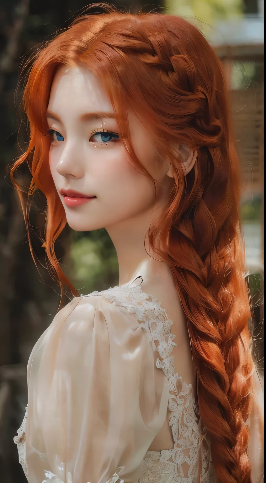 a close up of a woman with long red hair and a white dress, complex redhead braided hair, long braided orange red hair, red braided hair, flowing ginger hair, she is redhead, red haired goddess, red head, ginger hair with freckles, orange braided hair, red intricate long braids, soft red hair, with curly red hair, red hair and attractive features, Yeji, Hwang Yeji