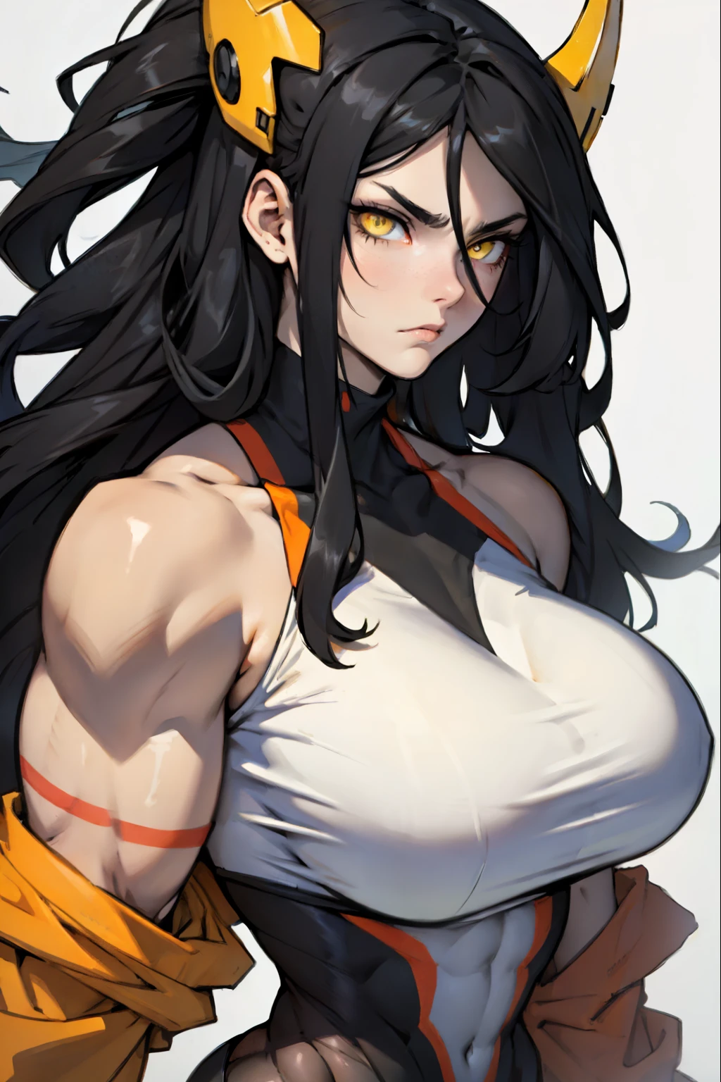 girl muscular huge breasts toned body pale skin black hair yellow eyes very long hair angry solo