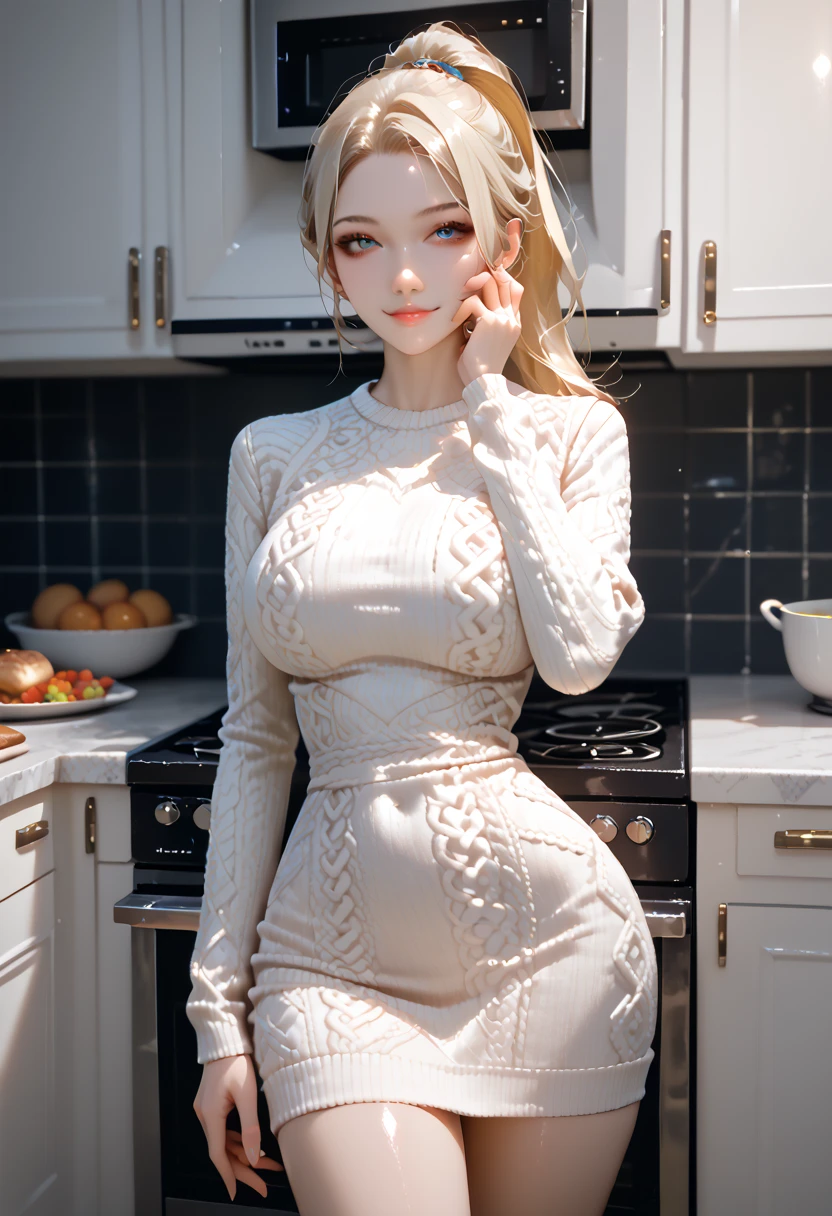 (masterpiece, best quality:1.2), cowboy shot, solo, 1girl, seductive face, looking at viewer, (hand on own cheek:1.2), blonde hair, ponytail, sweater dress , kitchen, big breasts, ultra-thin-waist, ultra-wide-hips..