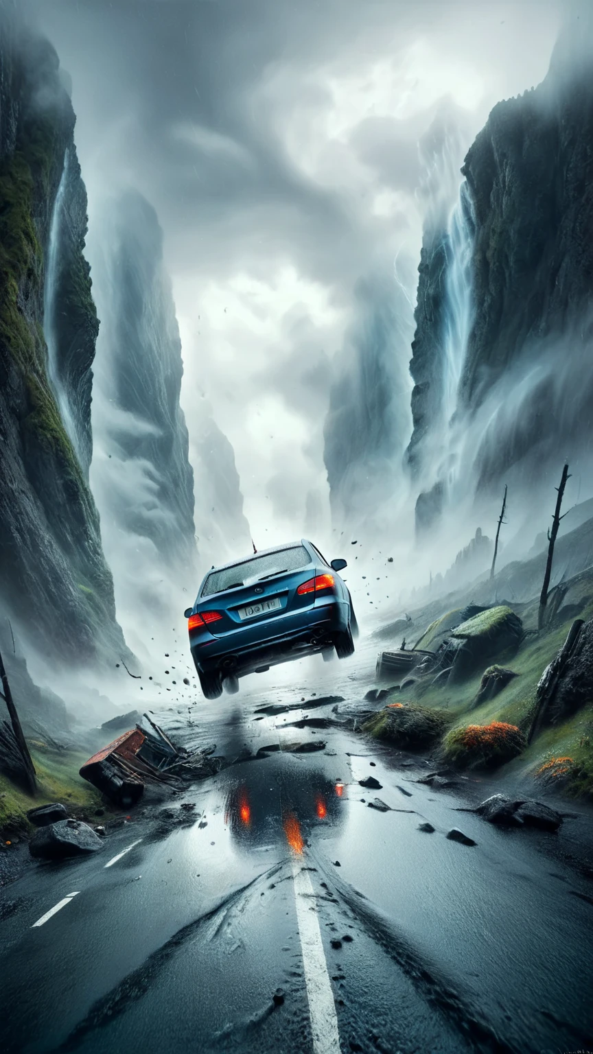 Car skids rapidly on a mountain road, loses control on a rainy day, flies into the sea and descends rapidly and freely into the sea; hyperrealistic image