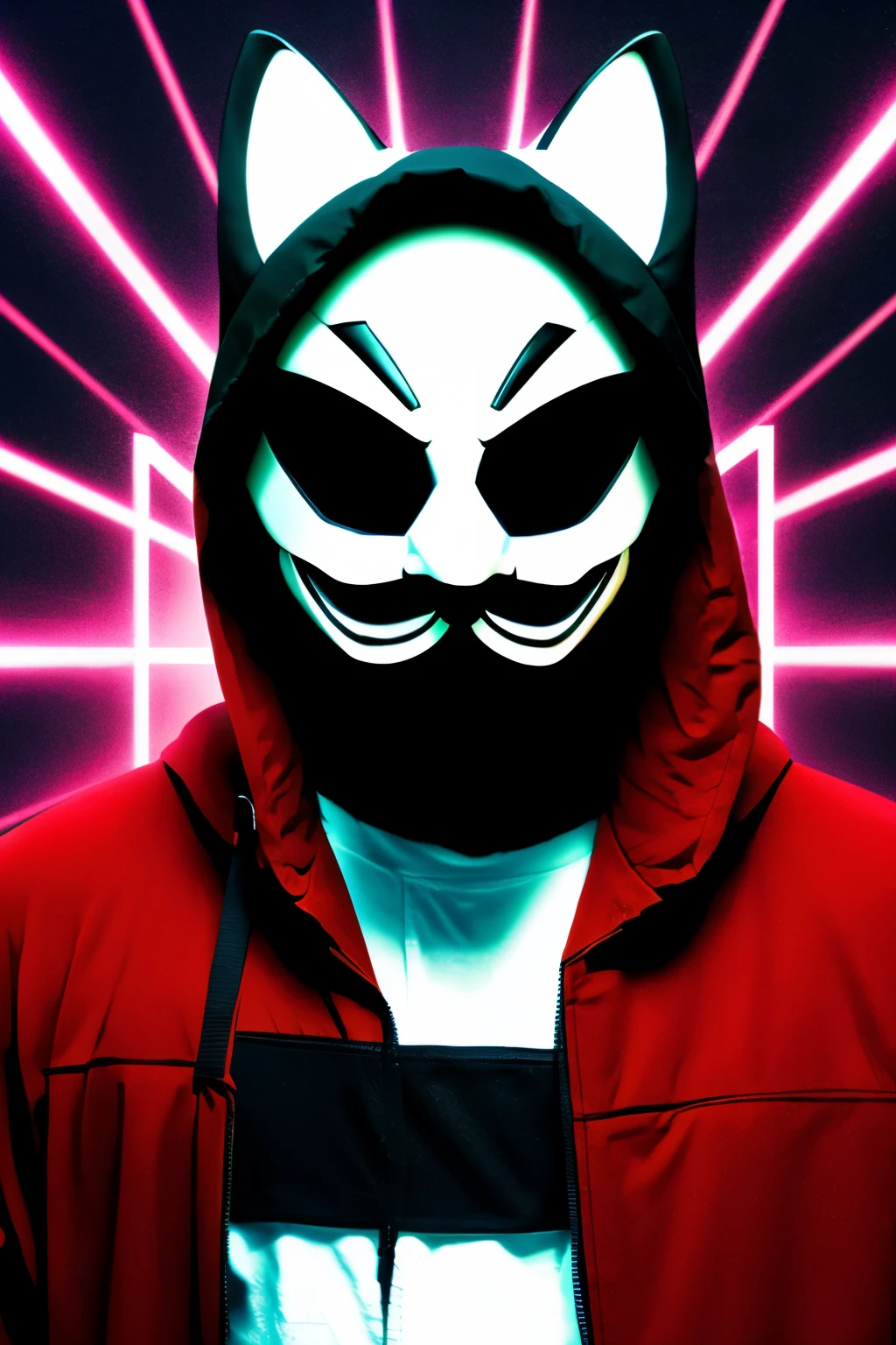 make a character in a hooded sweatshirt with the letters “HMP” printed on the front. The figure’s face is obscured by shadow, but two glowing red eyes and a menacing grin with sharp teeth are visible. This gives it an intimidating appearance. The overall aesthetic is dark and could be associated with themes of mystery or villainy in popular culture. Have the words "Be Right Back" at the top