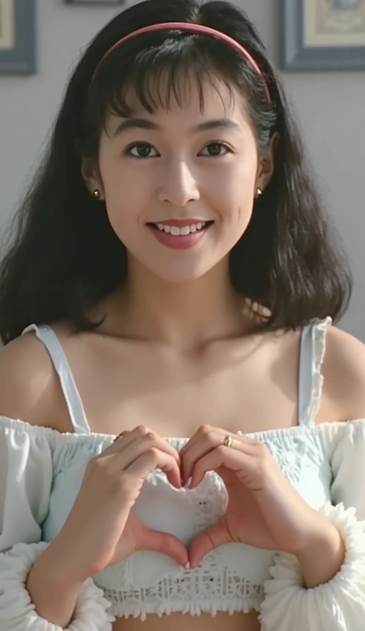 high definition 、 1 woman with a cute smile、 Wear fluffy off-the-shoulder pajamas and make a big heart in front of your chest with your own hands, Photo Mapping、Physically based rendering、 high image quality、 high definition 、1080P、 rich details 、( Stunning Features :1.35)、( detail eyes)、Delicate clavicle、 Various Poses、 A very realistic and detailed upper body portrait of a young woman。The skin is beautiful、 soft light reflecting high on her cheeks .、 Tiny pores and hair follicles、 You can see even the thinnest blood vessels 。The skin is smooth、natural flushing of cheeks 、Healthy glow。 The eyes are large and clear blue、Her iris has fine patterning、 Light is reflecting and shining in the eye。 There is a slight shadow under her eye 、 Her eyelashes are long and naturally curled。 her lips are soft pink 、Smooth texture with a natural glow、 Slightly reflects light。 background is pale black and white gradation .、 The focus is entirely on the face and upper body。 Realistic shadows and textures、 picture-like depiction.。