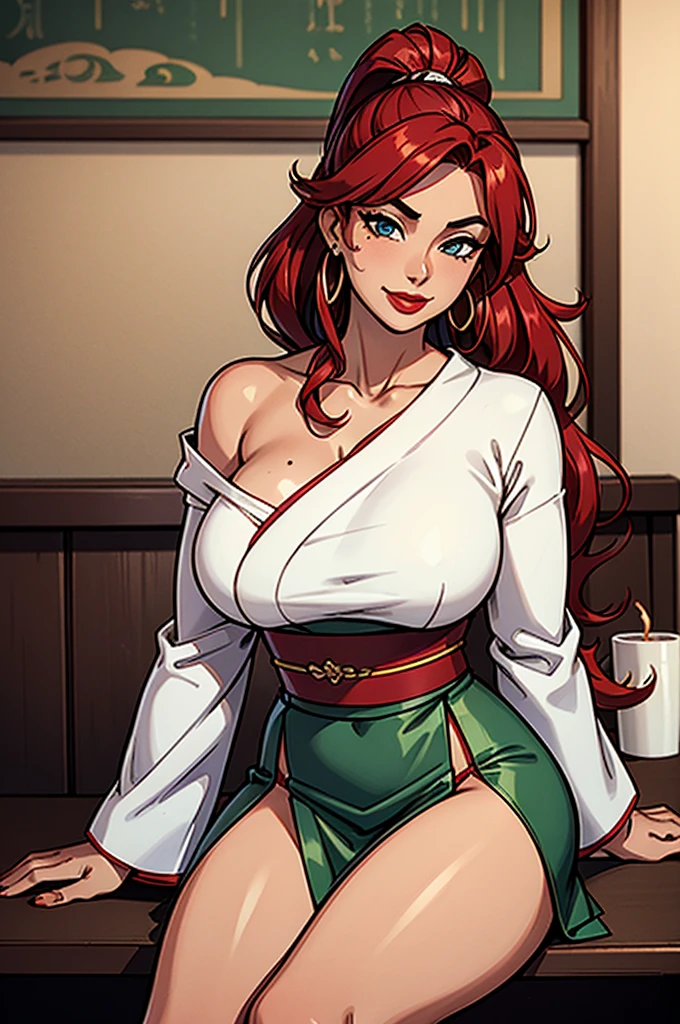 1girl, modern fantasy, volumptuous and sultry japanese woman with tanned skin, 18 years old, short height, round fake breasts, cleavage, wavy (crimson hairs) with side bang, very long hair ponytail, (white kimono top), long sleeves, ((very long) (green pleated skirt):0.7) with (slit on the side), crimson obi, vibrant blue eyes, mischevious smile, mole under right eye, loop earrings, red lips, full lower lip, (full lower lip),  flirting in a coffee shop, assertive, side_slit, crimson hairs, ((green skirt)), white kimono top.