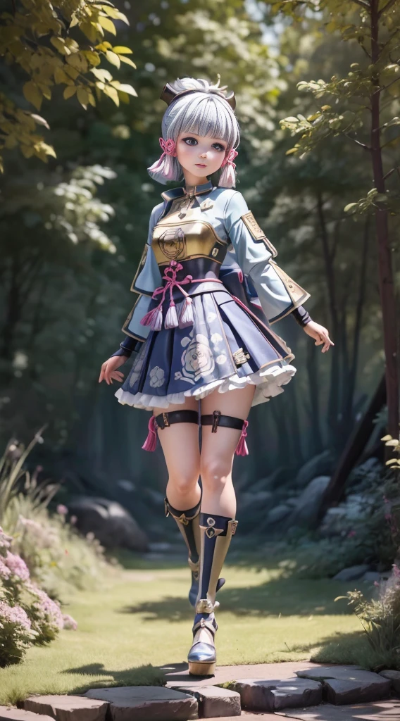 (Blind box toy style:1.2), ((Full body shot:1.4)) (((masterpiece))), 4k res, highly detailed, (((extremely detailed eyes))), cinematic lighting, crystal clear eyes, high quality, highres, ultra-detailed, 8k, best quality, ((1girl, solo)), shadow, backlighting, Thick Eyelashes, Wide Sleeve, thick thighs, (masterpiece:1.3), (the best quality:1.2), (super fine illustrations:1.2), (Masterpiece), high quality, high detail,(SOLO:1.4),((round image)), whole body, (kamisato ayaka,genshin impact) smile, blush, closed mouth, cryokinesis, black gloves, thick, arms behind back, forest background，（circular base） ( Global illumination, Ray traching, hdr, unreal render,reasonable design, high detal, Masterpiece, Best quality, hyper HD, Cinematic lighting)