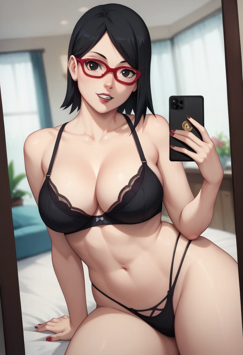 Sarado Uchiha , short black hair,  black eyes ,  red glasses , middle abdomen ,  thick thighs healed in front of the mirror with cell phone in hand, panties, black dental floss, sexy black bra healed abdomen thick thighs sexy 