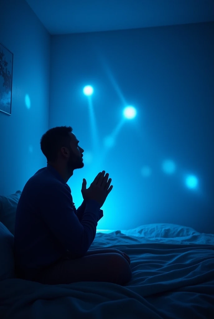  Create a fully defined and realistic image of a man praying in his room near the bed and a blue light envelops the place and spots of white light appear some more vivid and others blurred, well-defined room ,  cinematic image , RAW photography,  award-winning photograph, 8k, 18mm lens,  best quality ,  hyper realism, ultra defined,  perfect without creation errors ,  very defined and very realistic .