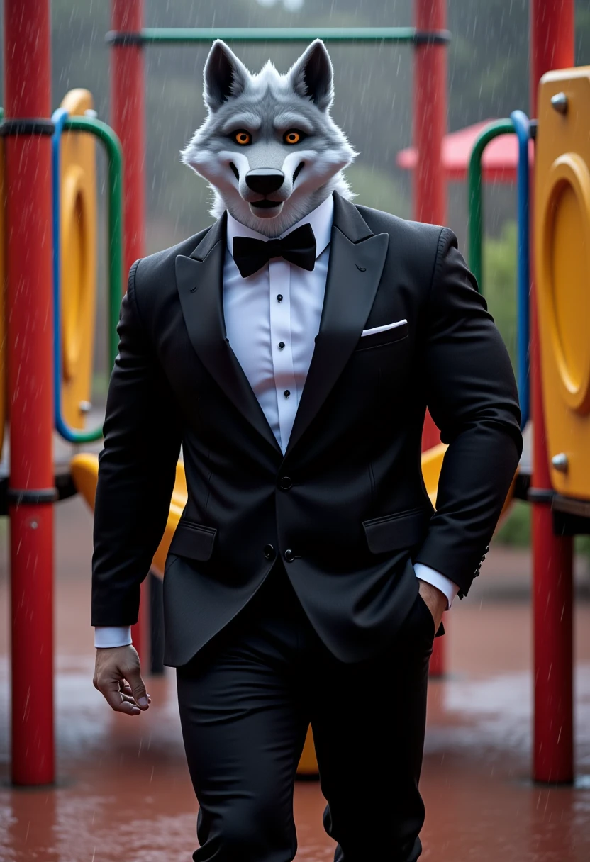 (Masterpiece:1.4) Death Wolf muscular large tall and strong dressed in a black suit black pants tailor white Social shirt and elegant black bow tie he is on a colorful playground raining Canon EOS R5 camera, 50mm lens, F/2.8, 