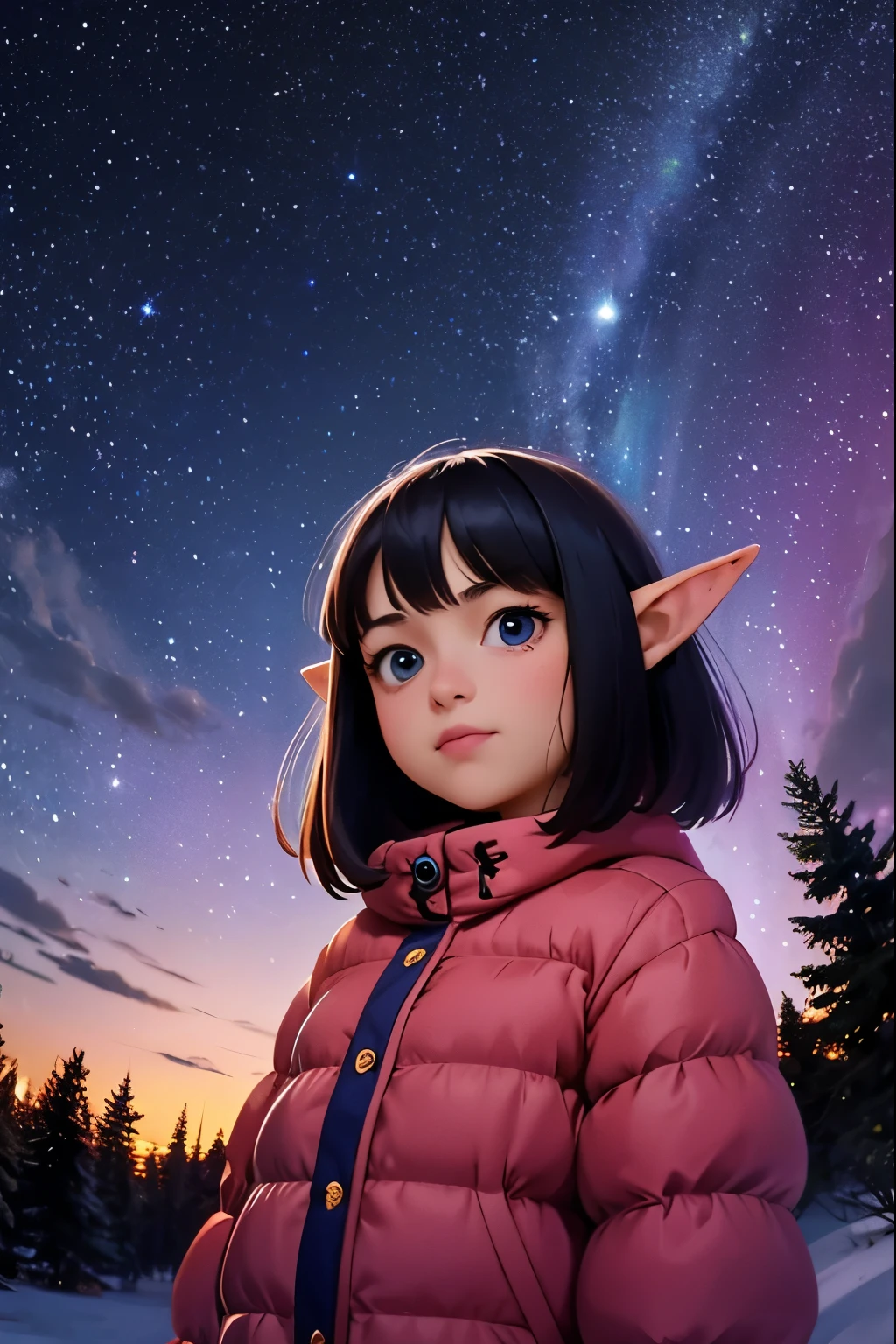  a very young girl ， short， fisheye lens，baby face，Elf Ears，is short，Hilly night sky，winter，winter colors, winter landscape,   starry sky ， Aurora，Sky color Prussian blue Cobalt blue Purple Cyan.  Planet, Bright Star, meteor, Tree tops swaying in the wind, thre beautiful 茶色髪 girl in winter clothes observes the  starry sky  with a dreamy look，White Breath， Girl Temptation，from below，