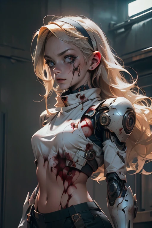 Blonde girl ((detallada)),  scared , white eyes, Has a headband,  futuristic armor ,  dystopic future , Cyber punk wings ,  blood on her face, lost look ,  dark cyberpunk background ,  lighting light dark, mysterious,  background creatures 